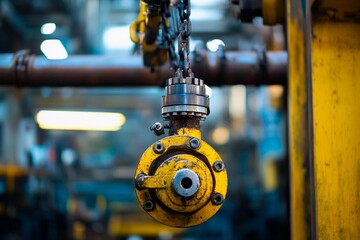 Brightly lit factory features a large yellow mechanical component suspended from a metal chain