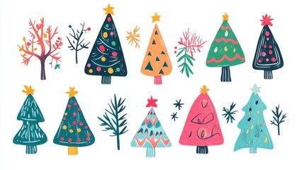 Creative hand-drawn Christmas trees. Featuring various styles and imaginative decorations. Highlighting artistic expression. Ideal for holiday greeting cards.