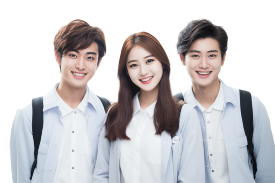 Group of cheerful Asian students smiling together on transparent background, representing diversity, positivity, and collaboration in a university or academic setting. Png cut out. Isolated images.