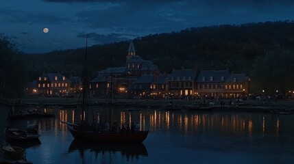 Obraz premium Nighttime Harbor Scene with Ships and Colonial Buildings