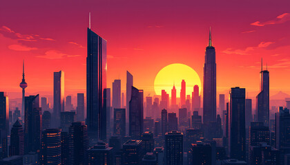 Fototapeta premium Sunset Metropolis: A vibrant cityscape silhouette at dusk, with a large sun setting behind the skyscrapers.