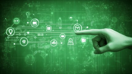 Hand pointing with digital icons on green background, technology, innovation, and interaction