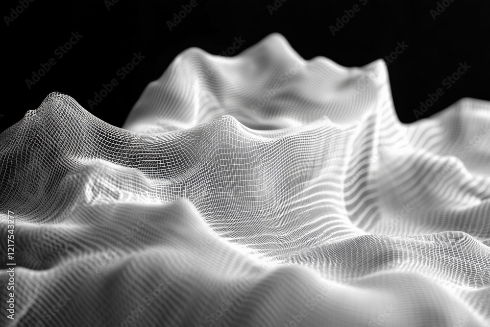 Aufkleber abstract representation of flowing waves created with a white mesh material on a black background