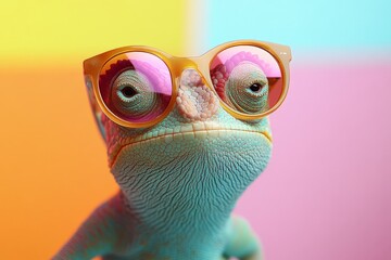 Colorful chameleon wearing stylish sunglasses poses against a vibrant pastel background