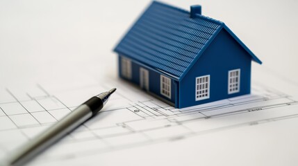 Blue house on blueprint, visualizing architectural design, construction, and real estate concepts