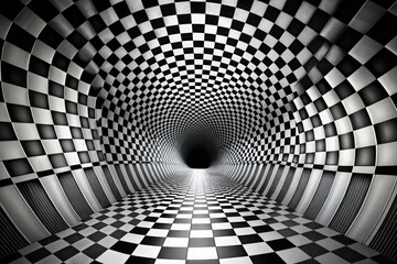 Abstract black and white checkered tunnel; geometric design creates a striking optical illusion.