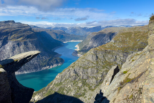 Norway landscape and beautiful nature in sunny day. Attraction and the most wanted destination in Norway. Trolltuga stone. 