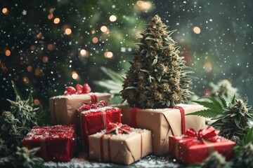 Celebrating the holidays with cannabis-themed decorations and wrapped gifts under twinkling lights