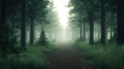 Obraz premium A tranquil forest pathway shrouded in mist, with tall trees and lush grass, inviting exploration and evoking a sense of mystery.