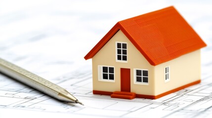 House construction design, miniature house on blueprint with pencil, symbolizing architectural planning and real estate development