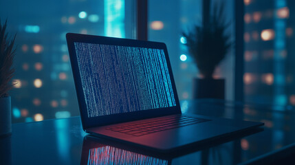 A sleek, modern laptop on a glass desk, with digital code glowing on the screen and a minimalist office setup behind it