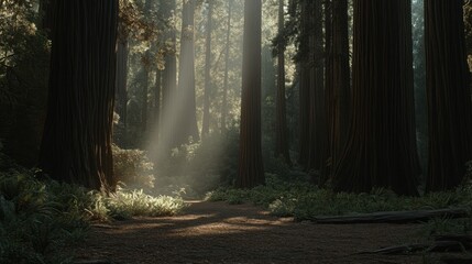 Fototapeta premium Redwood forest path sunlight beams through trees