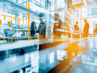 Abstract business concept with corporate professionals and financial data overlay in modern office setting
