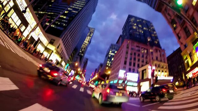 lively city intersection at dusk, filled with moving cars, bright advertisements, and towering buildings, capturing the energy of urban nightlife