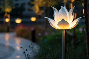 Contemporary street lamp with a post designed to resemble a lotus flower, with soft, diffused lighting.