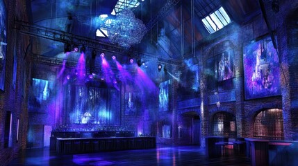 A Nightclub Interior with Blue Lighting and Artwork