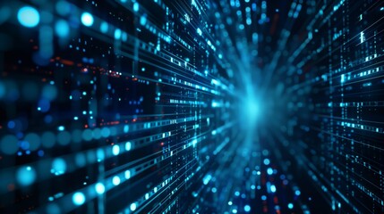 Naklejka premium A futuristic image depicts an abstract digital data stream with a light flare, representing technology, binary code, network connections, and cybersecurity advancements in a modern context