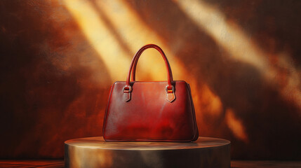 A luxurious leather handbag displayed on a pedestal, with soft spotlights and a textured background 