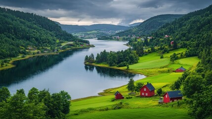 Obraz premium Serene fjord valley landscape, red houses, overcast sky, travel