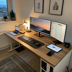 Ergonomic Workspace with Multiple Screens and Tablet