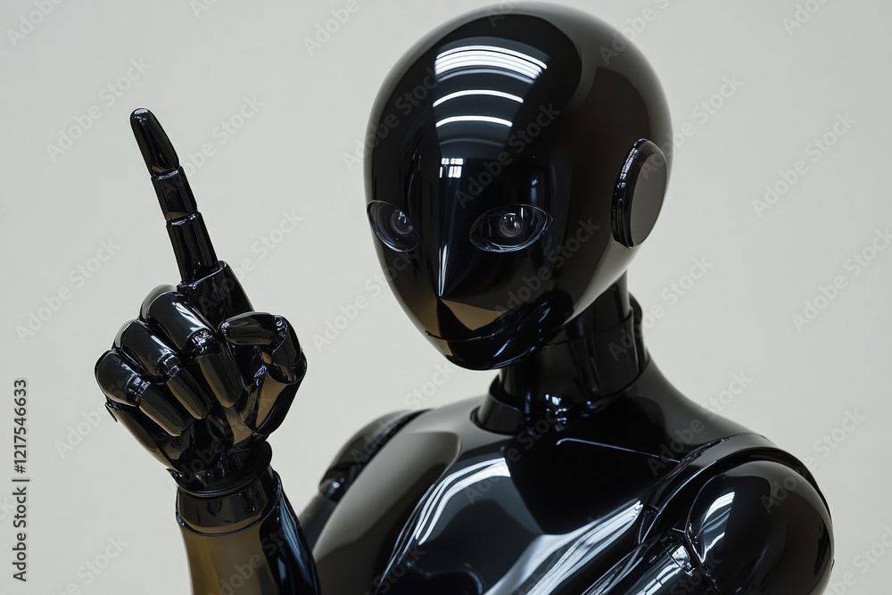 Poster futuristic humanoid robot pointing upward in a minimalistic indoor setting during the day