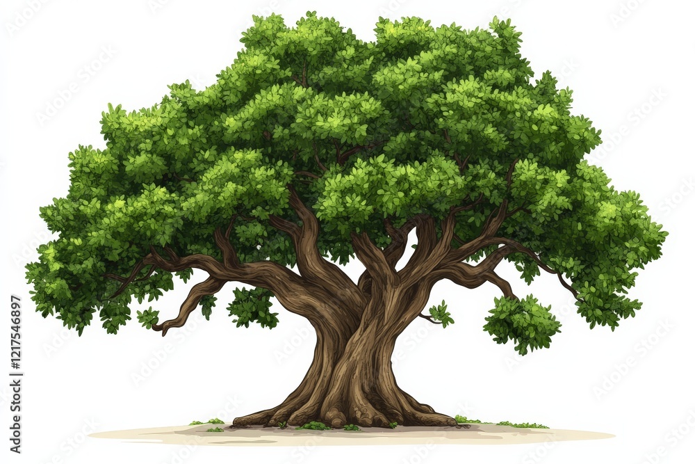 Poster detailed artistic representation of a large green tree with a thick trunk and dense foliage in a ser