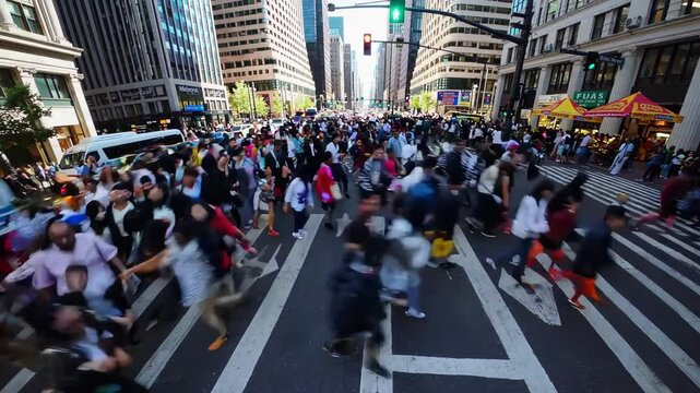 crowded city intersection filled with pedestrians crossing in multiple directions, surrounded by tall skyscrapers, street vendors, and bustling urban activity