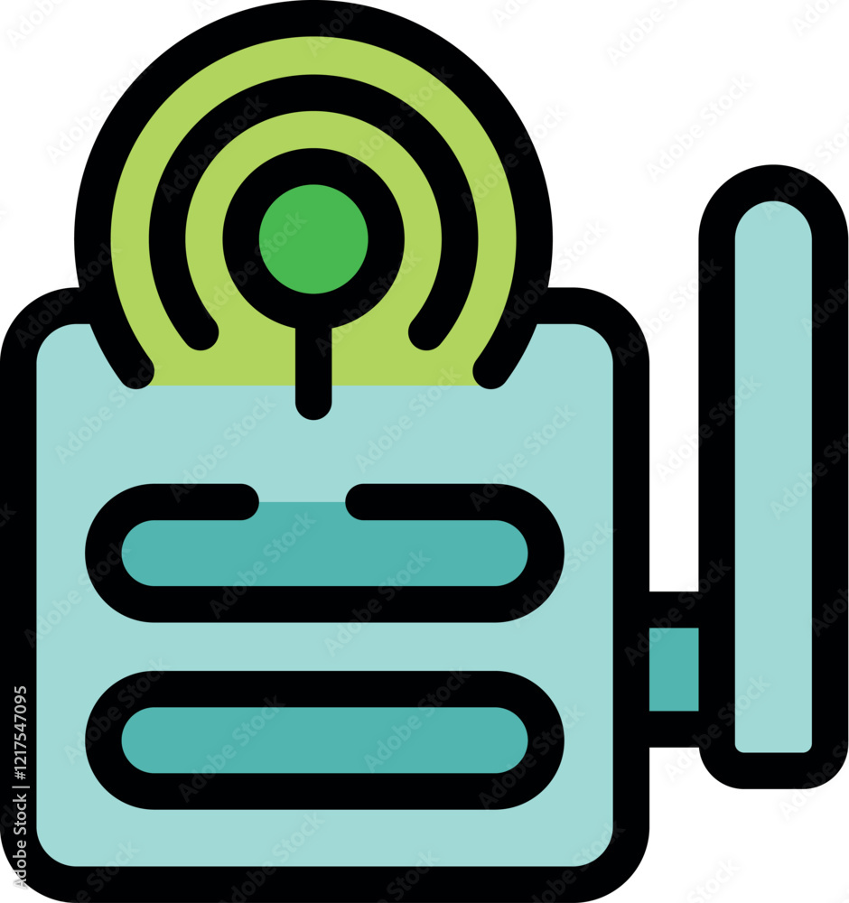 Poster wireless router is transmitting data wirelessly, featuring an external antenna for enhanced signal s