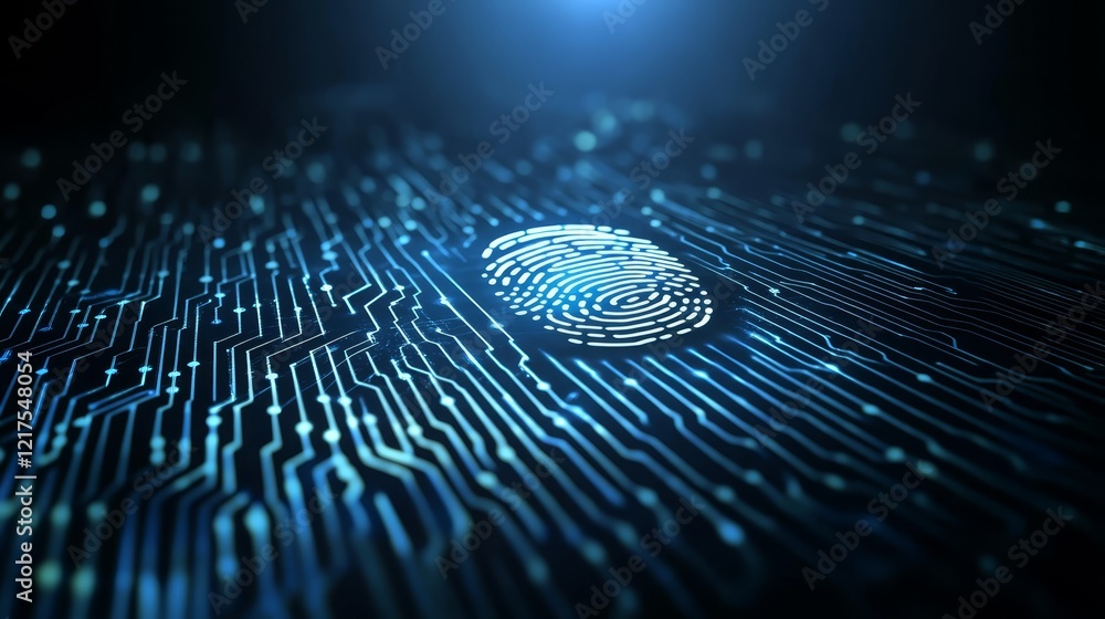 Poster fingerprint on circuit, biometric security scan for digital access control and identity protection