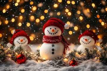 Snowmen adorned with hats and scarves amidst twinkling Christmas lights in a winter wonderland setting