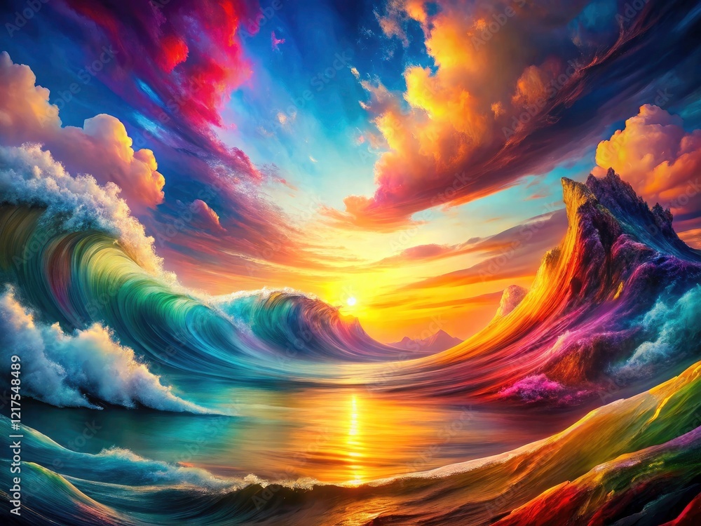 Poster abstract fluid waves intermingle in a double exposure, creating a harmonious color blend.