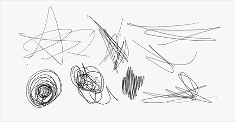 Messy textured scribbles and anti-design doodles vector illustration set isolated on white background