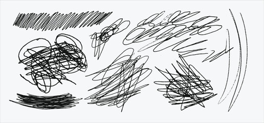 Messy textured scribbles and anti-design doodles vector illustration set isolated on white background