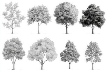 Detailed black and white illustrations of eight distinct tree species showcasing various foliage types