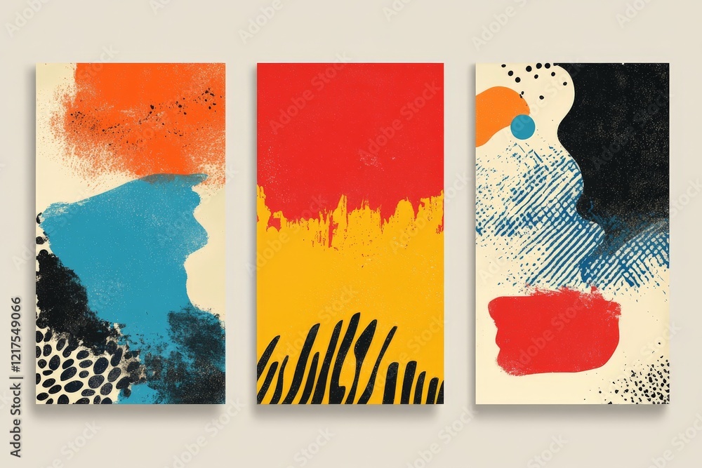 Poster abstract art display featuring vibrant colors and bold patterns in a contemporary style