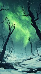 Barren Winter Trees Underneath Green Aurora Borealis