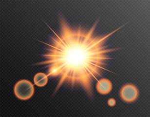 Orange flash of light with rays and bokeh effect on transparent background. Suitable for creating energetic, explosive or festive design elements in digital and graphic projects.
