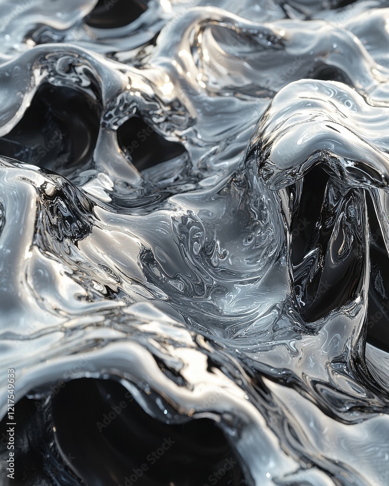 Poster dynamic metallic fluid textures in abstract studio setting digital art close-up view hyperrealism