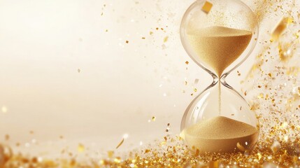A classic hourglass on a white background, with golden sand falling gracefully in a minimalist and elegant design