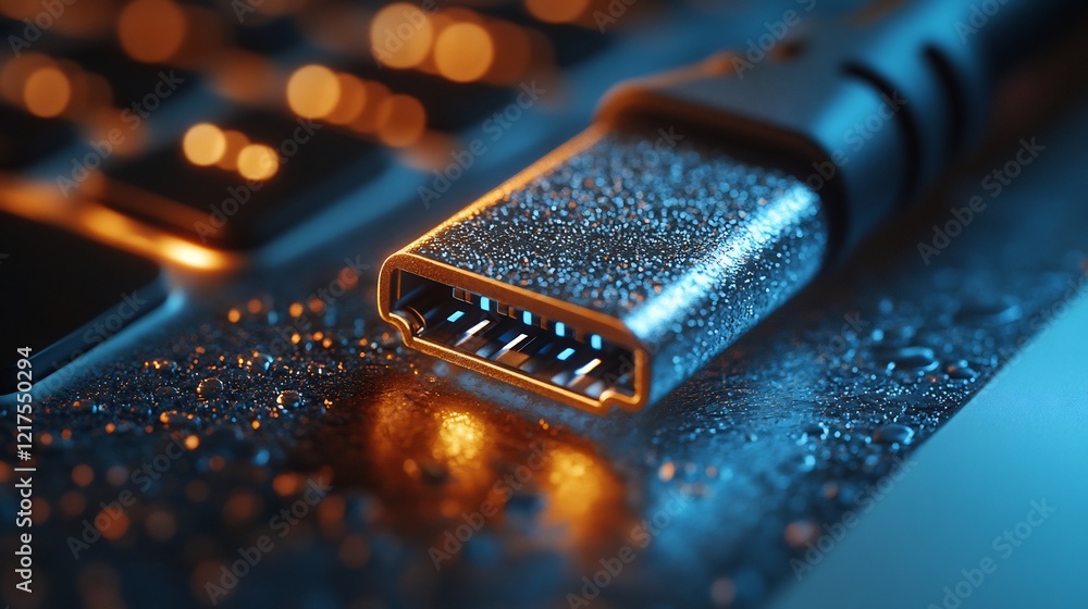 Aufkleber close-up of a usb-c connector with water droplets on a keyboard with orange background lights