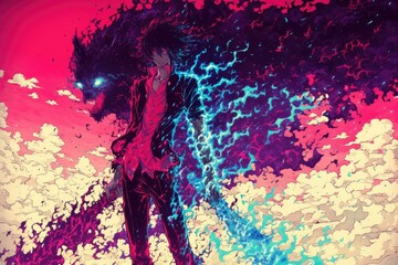 Obraz premium Anime Boy with Dark Wolf and Electric Flames
