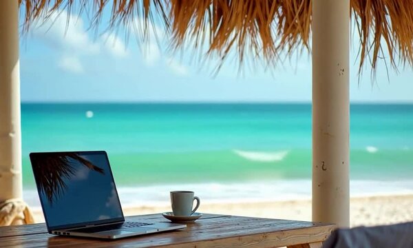Working on a laptop by the beach during summer vacation