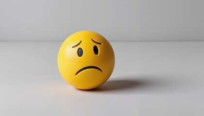 Fototapeta premium Glossy yellow sad face emoji with sorrowful expression on a light gray surface