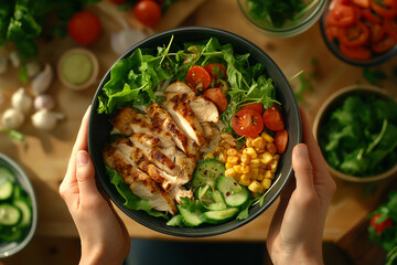 Healthy Grilled Chicken Salad Bowl with Fresh Vegetables and Mixed Greens