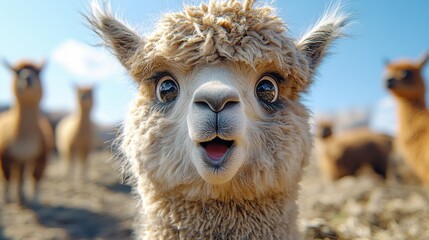 Obraz premium Surprised Alpaca Close up Portrait with Herd in Background Sunny Day
