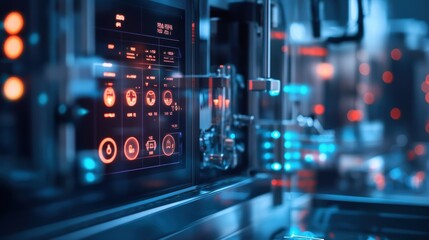 A hightech edge computing interface showing temperature and humidity sensors readings attached to a food processing machine amidst a clean sterile production environment.