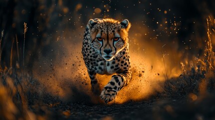 A close-up of a cheetah sprinting across the savanna during a wildlife safari, with dust rising beneath its paws.