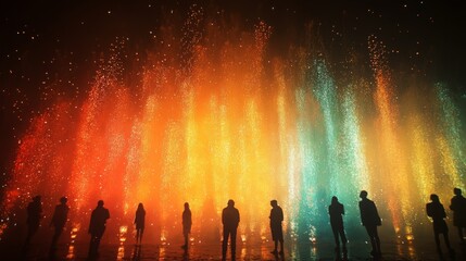 A close-up of fireworks bursting above a silhouette of a crowd, with the vibrant colors reflected in their faces, evoking a sense of unity and celebration.