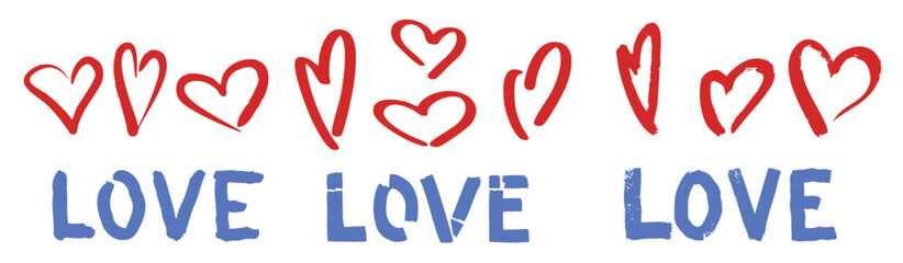 Vector word love, artistic word love and linear heart  in grunge style, Vector Valentines Day Hand Drawn lettering. Heart Holiday Design, love decor for web, wedding and print, Vector hearts set. 