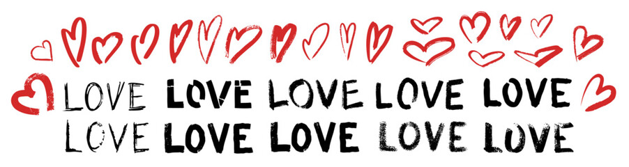 Vector word love, artistic word love and linear heart  in grunge style, Vector Valentines Day Hand Drawn lettering. Heart Holiday Design, love decor for web, wedding and print, Vector hearts set. 